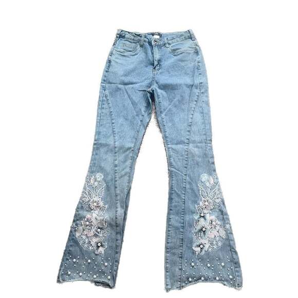 Venus Denim - Venus Floral Boho Pearl Embellished Flare Jeans with Frayed Hem Size 4